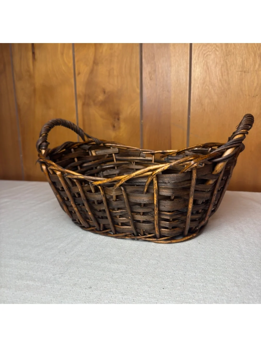 Vintage Rustic Wicker Gathering Basket Primitive Farmhouse Basket With Handles